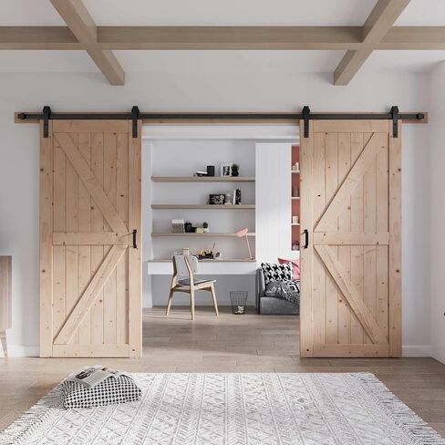 Fredbeck Double 34x84Spruce Wood Barn Doors مع أجهزة 12 قدمًا متضمنة in Kuwait