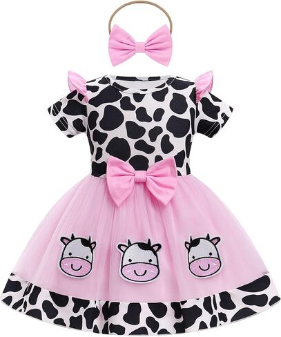 ODASDO Baby Girls Strawberry Bee Cow Birthday Cake Smash Outfit Short Sleeve Dress with Bowknot Headband Set in Saudi Arabia