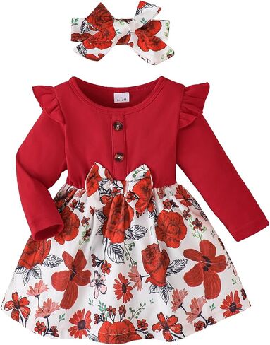 Baby Toddler Girl Dress Outfit Fall Winter Clothes Crew Neck Corduroy Long Sleeve Dresses with Bow Headband in Kuwait