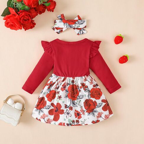 Baby Toddler Girl Dress Outfit Fall Winter Clothes Crew Neck Corduroy Long Sleeve Dresses with Bow Headband in Kuwait