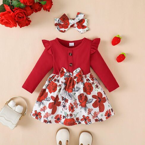 Baby Toddler Girl Dress Outfit Fall Winter Clothes Crew Neck Corduroy Long Sleeve Dresses with Bow Headband in Kuwait