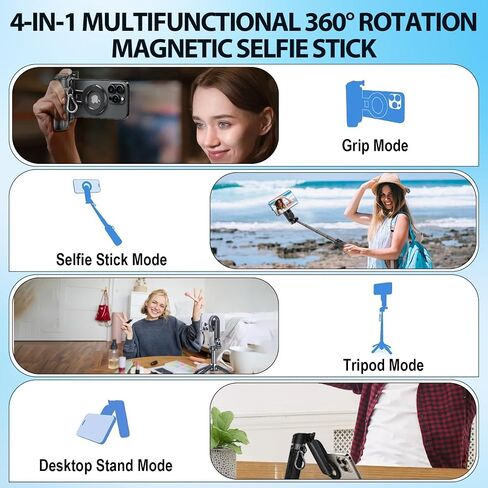 2025 New 4-in-1 عصا صور شخصية متعددة الوظائف متعددة الوظائف ، ترايبود Universal 360 ° للتناوب مع جهاز ترايبود MAG REMOTE اللاسلكي ، لتسجيل الفيديو و VLOG ، لـ iPhone & Android (أسود) in Kuwait
