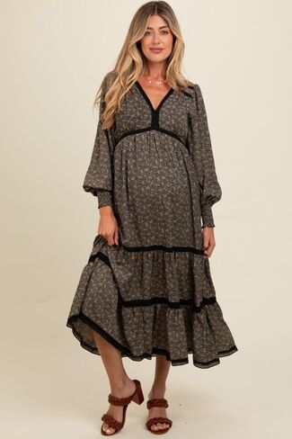 Pinkblush Floral Lace Trim Bubble Sleeve Gaternity Maxi Dress in Saudi Arabia