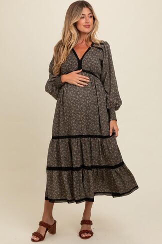 Pinkblush Floral Lace Trim Bubble Sleeve Gaternity Maxi Dress in Saudi Arabia