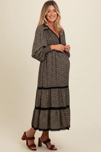 Pinkblush Floral Lace Trim Bubble Sleeve Gaternity Maxi Dress in Saudi Arabia