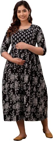 Women's Cotton Floral Printed Maternity Feeding Kurti with Zipper Maternity Gown for Women in Saudi Arabia