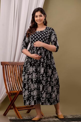 Women's Cotton Floral Printed Maternity Feeding Kurti with Zipper Maternity Gown for Women in Saudi Arabia