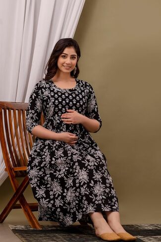Women's Cotton Floral Printed Maternity Feeding Kurti with Zipper Maternity Gown for Women in Saudi Arabia