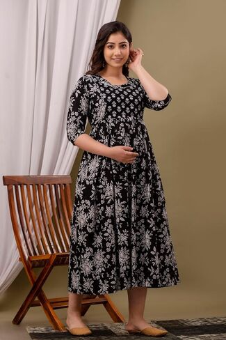 Women's Cotton Floral Printed Maternity Feeding Kurti with Zipper Maternity Gown for Women in Saudi Arabia