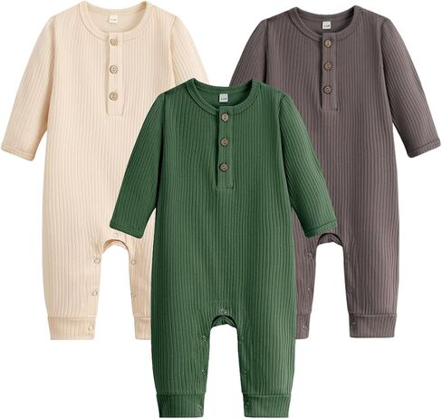 Bafeicao Baby Boy Girl 3 Pack Solid Romper Ribbed Cotton Long Sleeve Jumpsuit Infants Outfits Clothes with Mitten Cuffs in Kuwait