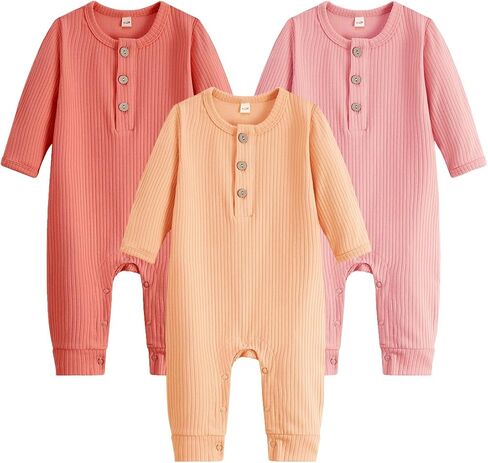 Bafeicao Baby Boy Girl 3 Pack Solid Romper Ribbed Cotton Long Sleeve Jumpsuit Infants Outfits Clothes with Mitten Cuffs in Kuwait
