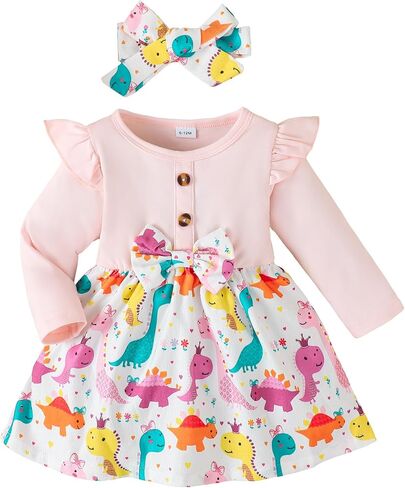 Baby Toddler Girl Dress Outfit Fall Winter Clothes Crew Neck Corduroy Long Sleeve Dresses with Bow Headband in Kuwait