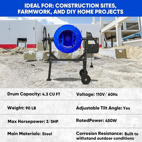 خلاط الخرسانة الكهربائية ، 4.3 قدم مكعب ، 3/5hp. آلة خلاط خرسانة محمولة 450 واط مع حامل وعجلات للجص ، الهاون ، البذور ، الأزرق in Kuwait