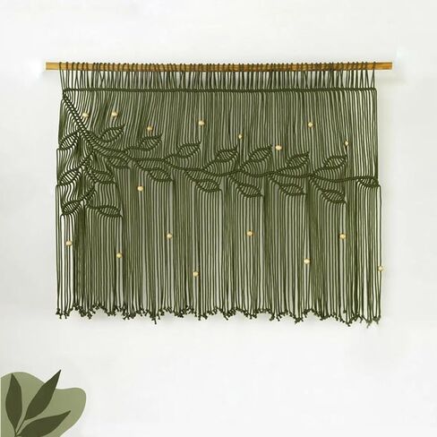 Macrame Valance Curtain 31.5x28.7inch Farmhouse Boho Stertains Green Leaf Leaf Leaf Macramé Stain Curtain Wooden Macrame Wall Hanging Wall in Saudi Arabia