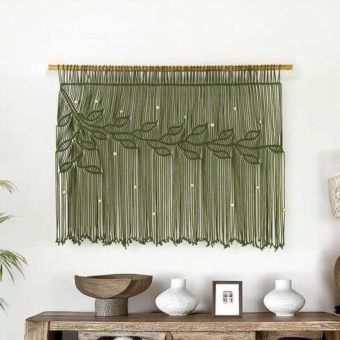 Macrame Valance Curtain 31.5x28.7inch Farmhouse Boho Stertains Green Leaf Leaf Leaf Macramé Stain Curtain Wooden Macrame Wall Hanging Wall in Saudi Arabia