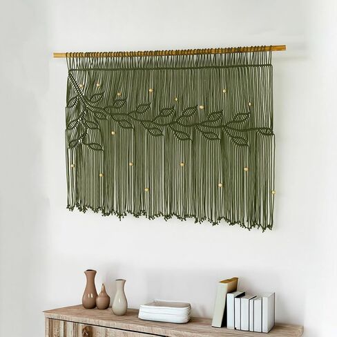 Macrame Valance Curtain 31.5x28.7inch Farmhouse Boho Stertains Green Leaf Leaf Leaf Macramé Stain Curtain Wooden Macrame Wall Hanging Wall in Saudi Arabia
