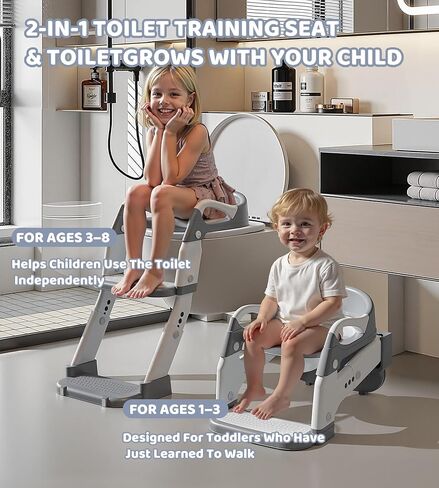 2-in-1 Toddler Potty Training Toilet Seat with Step Stool Ladder – Adjustable Height Potty Chair Urinal for Baby Boys Girls Age 1-3, Foldable Training Potty with Splash Guard & Anti-Slip Feet, Grey in Saudi Arabia
