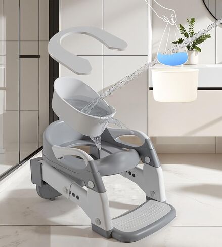 2-in-1 Toddler Potty Training Toilet Seat with Step Stool Ladder – Adjustable Height Potty Chair Urinal for Baby Boys Girls Age 1-3, Foldable Training Potty with Splash Guard & Anti-Slip Feet, Grey in Saudi Arabia