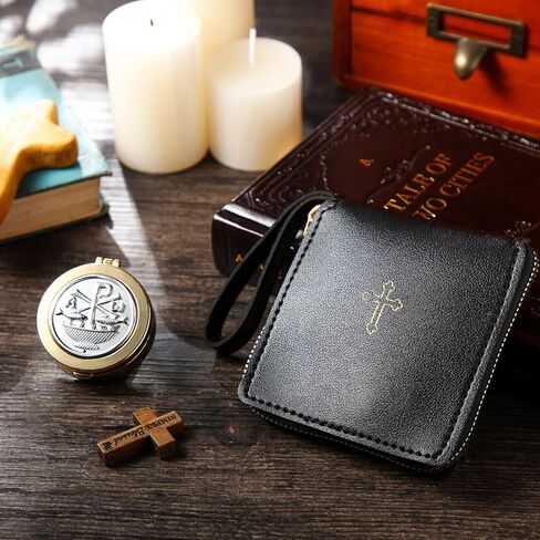 Huhumy 2 PCS Leather Compleion محفظة لـ Pyx مع حاوية الذهب اللاتينية الصليب الكاثوليكي منغم القضية منغم حقيبة Pyx للكهنة بالتواصل الشمامسة الهدية المقدسة القربان in Saudi Arabia