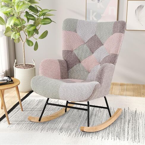Giantex Rocking Chair Consery ، Teddy منجد طائرة شراعية روك مع مسند الظهر المرتفع ، أرجل الخشب المطاطية وجيب الجانبي ، كرسي لهجة حديثة مترقعة لغرفة النوم ، غرفة المعيشة ، المكاتب in Kuwait