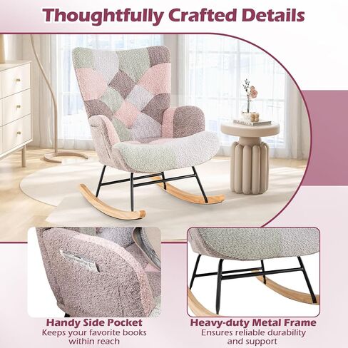 Giantex Rocking Chair Consery ، Teddy منجد طائرة شراعية روك مع مسند الظهر المرتفع ، أرجل الخشب المطاطية وجيب الجانبي ، كرسي لهجة حديثة مترقعة لغرفة النوم ، غرفة المعيشة ، المكاتب in Kuwait