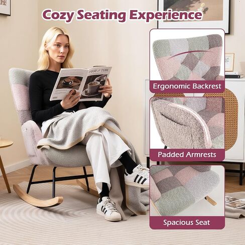 Giantex Rocking Chair Consery ، Teddy منجد طائرة شراعية روك مع مسند الظهر المرتفع ، أرجل الخشب المطاطية وجيب الجانبي ، كرسي لهجة حديثة مترقعة لغرفة النوم ، غرفة المعيشة ، المكاتب in Kuwait