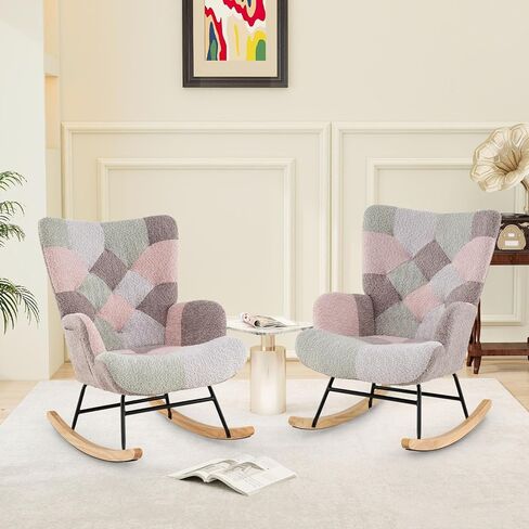 Giantex Rocking Chair Consery ، Teddy منجد طائرة شراعية روك مع مسند الظهر المرتفع ، أرجل الخشب المطاطية وجيب الجانبي ، كرسي لهجة حديثة مترقعة لغرفة النوم ، غرفة المعيشة ، المكاتب in Kuwait