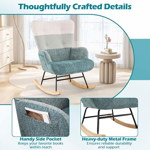 Giantex Rocking Chair Consery ، Teddy منجد طائرة شراعية روك مع مسند الظهر المرتفع ، أرجل الخشب المطاطية وجيب الجانبي ، كرسي لهجة حديثة مترقعة لغرفة النوم ، غرفة المعيشة ، المكاتب in Saudi Arabia