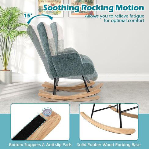 Giantex Rocking Chair Consery ، Teddy منجد طائرة شراعية روك مع مسند الظهر المرتفع ، أرجل الخشب المطاطية وجيب الجانبي ، كرسي لهجة حديثة مترقعة لغرفة النوم ، غرفة المعيشة ، المكاتب in Saudi Arabia