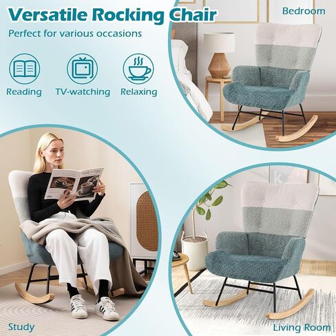 Giantex Rocking Chair Consery ، Teddy منجد طائرة شراعية روك مع مسند الظهر المرتفع ، أرجل الخشب المطاطية وجيب الجانبي ، كرسي لهجة حديثة مترقعة لغرفة النوم ، غرفة المعيشة ، المكاتب in Saudi Arabia