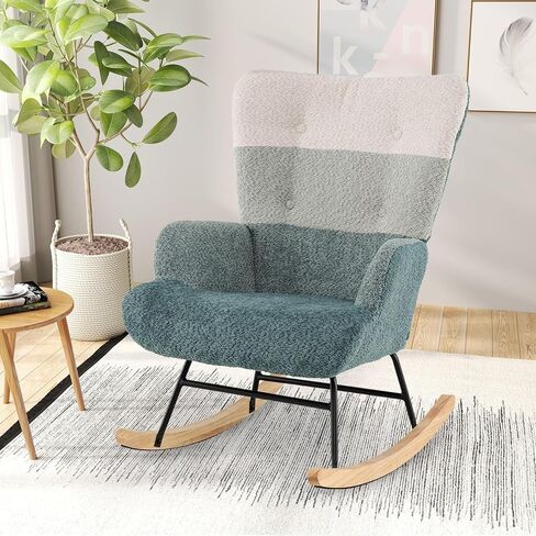 Giantex Rocking Chair Consery ، Teddy منجد طائرة شراعية روك مع مسند الظهر المرتفع ، أرجل الخشب المطاطية وجيب الجانبي ، كرسي لهجة حديثة مترقعة لغرفة النوم ، غرفة المعيشة ، المكاتب in Saudi Arabia