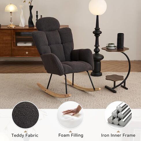 Teddy Fabric Rocking Chair, 35.4" Plush Glider with Anti-Slip Base - Sturdy Iron & Wood Frame, Comfort Rocker for Living Room, Bedroom, Nursery (White Teddy Fabric) in Kuwait
