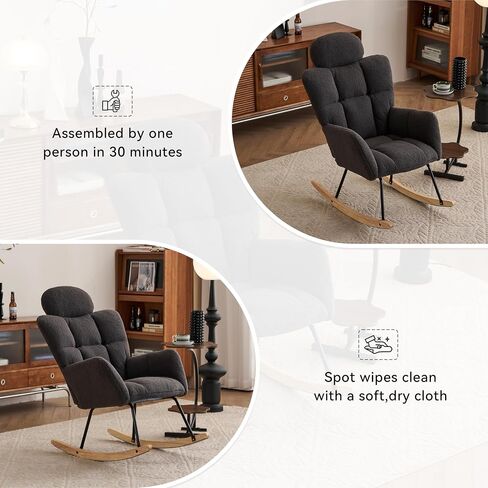 Teddy Fabric Rocking Chair, 35.4" Plush Glider with Anti-Slip Base - Sturdy Iron & Wood Frame, Comfort Rocker for Living Room, Bedroom, Nursery (White Teddy Fabric) in Kuwait