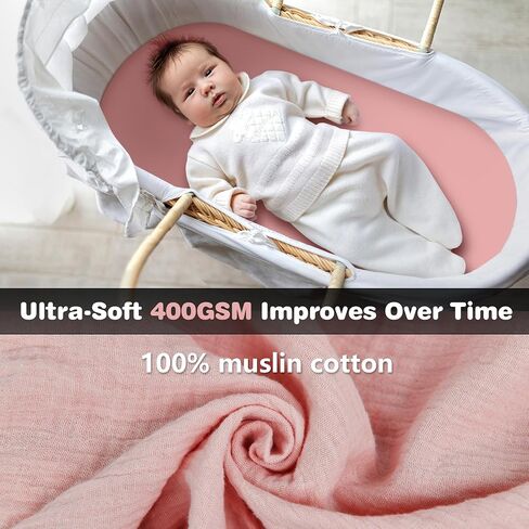 3-Pack Cotton Muslin Bassinet Sheets - Fitted Elastic Mattress Cover for Baby Boys & Girls, Breathable Bedside Bassinet Sheets Neutral Colors (Fits Oval & Rectangle Shape) (Green) in Saudi Arabia