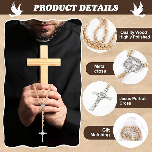 Wonitain 30 مجموعة خشبية حبات المسبحة السائبة الكاثوليكية المسابح الخشب للرجال النساء مع يسوع الصليب المقدس الصليب مسبحة مع أكياس الأورجانزا المعمودية تفضل مسبحة دينية مسيحيين كاثوليكيين صلاة الكنيسة الحاضر in Kuwait