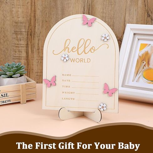 Wooden Hello World Newborn Sign Sign Sign Signing for Baby Showers Pink Butterfly Help Baby Baby Board Board لحضانة المستشفيات مع إطار الصور والوقوف in Saudi Arabia
