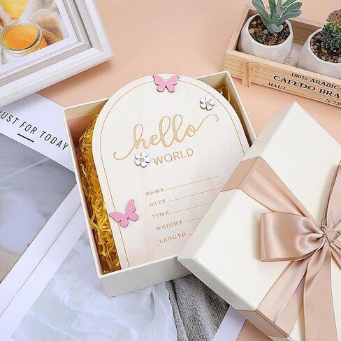 Wooden Hello World Newborn Sign Sign Sign Signing for Baby Showers Pink Butterfly Help Baby Baby Board Board لحضانة المستشفيات مع إطار الصور والوقوف in Saudi Arabia