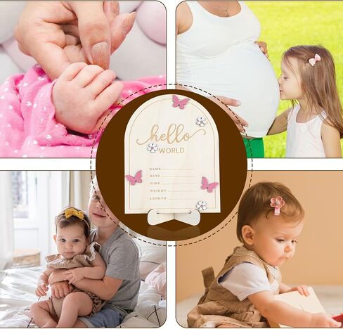 Wooden Hello World Newborn Sign Sign Sign Signing for Baby Showers Pink Butterfly Help Baby Baby Board Board لحضانة المستشفيات مع إطار الصور والوقوف in Saudi Arabia