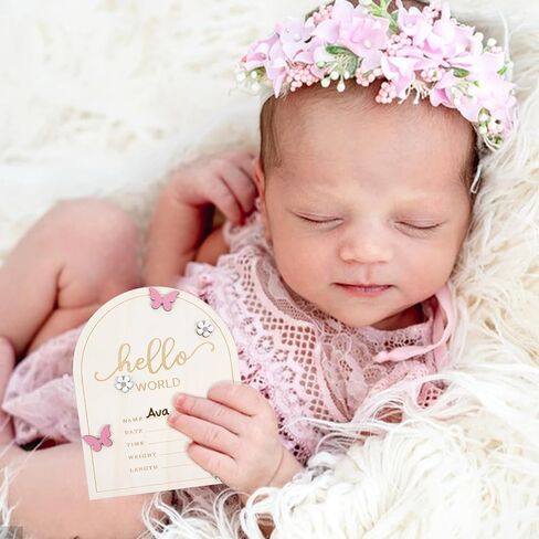 Wooden Hello World Newborn Sign Sign Sign Signing for Baby Showers Pink Butterfly Help Baby Baby Board Board لحضانة المستشفيات مع إطار الصور والوقوف in Saudi Arabia