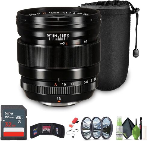 حزمة عدسة Fujifilm XF 16mm F/1.4 R WR مع بطاقة ذاكرة 32 جيجابايت + 67 مم محترفة 3 قطعة مرشح + حارس غطاء العدسة + المزيد in Saudi Arabia