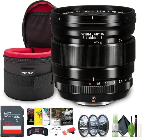 FUJIFILM XF 16mm f/1.4 R WR Lens Bundle with 4.5 inch Lens Case + 32GB Memory Card + 67mm 3 Piece Filter Kit + Cap Keeper + More in Saudi Arabia