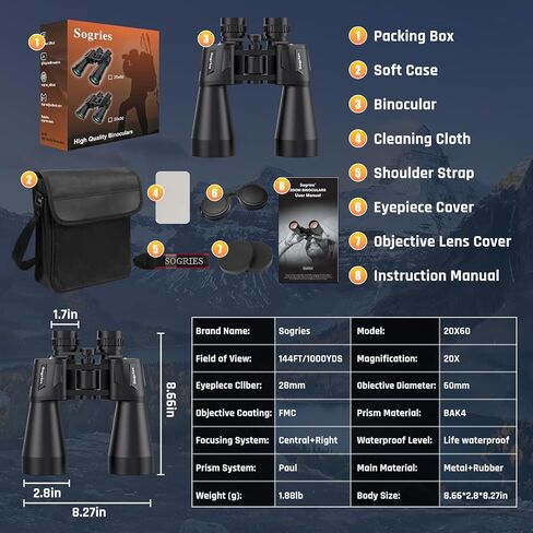 مناظير 20 × 60 للبالغين عالي الطاقة ، ومقاوم للماء وضباب مناظير مضغوطة لمشاهدة الطيور مع رؤية منخفضة الضوء ، والصيد ، والسفر ، يشمل حقيبة حمل in Kuwait