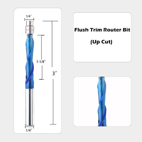 VIC007 Up*Down Spiral Flush Trim Router Bit with Double Ball Bearing, 1/4" Shank 1-1/8" Cutting Length Extra Long 3" ,Carbide Spiral Pattern Router Bit for Woodwoking(1/4S*1-1/8"CL*3" OVL) in Saudi Arabia