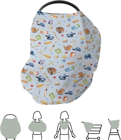 Baseballs Patriotic Car Seat Cover for Babies 4th of July Baseballs Bats Hats Stretchy 5-in-1 Cover Adjustable Infant Carseat Canopy Cover American Sports Breathable Nursing Cover-Up in Saudi Arabia