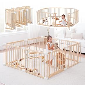 Wooden Playpen & Play Yards للأطفال والأطفال الصغار ، 67 * 67 بوصة قابلة للطي للطفل للعباء مع بوابة قفل ، مركز نشاط الأطفال في الهواء الطلق ، خشب الصنوبر in Kuwait