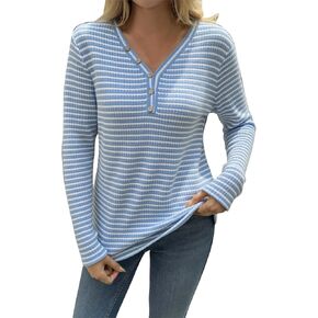 Womens Long Sleeve Ribbed Knit Tops Striped Sweater Button V Neck Dressy Ladies Shirts Business Casual Blouses in Kuwait