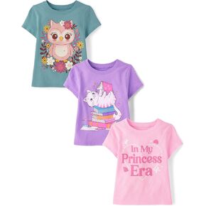 The Children's Place,Baby Girls,and Toddler Assorted Everyday Short Sleeve Graphic T-Shirts,multipacks,Cat Books/Princess Era/Owl 3-Pack,18 Months,24 Months in Kuwait