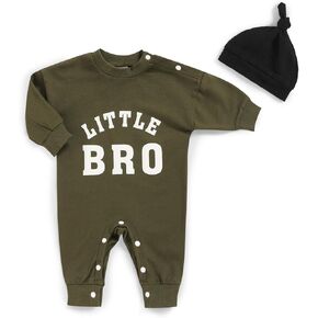 Newborn Boy Fall Winter Outfits Baby Boy Soft Cotton Romper Little Bro Print Jumpsuit Coming Home Clothes with Hat in Kuwait