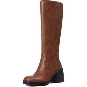 Women Knee High Boots Faux Leather Platform Chunky Square Toe Heeled Side Zipper Fall Wide Calf Long Tall Boots for Women in Kuwait