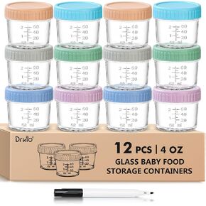 Drkio 12 Pack Glass Baby Food Storage Contorer - 4 & 8 Oz Baby Food Swars with Lids Baby Food Maker Microwave Freezer Safe 100 ٪ in Kuwait